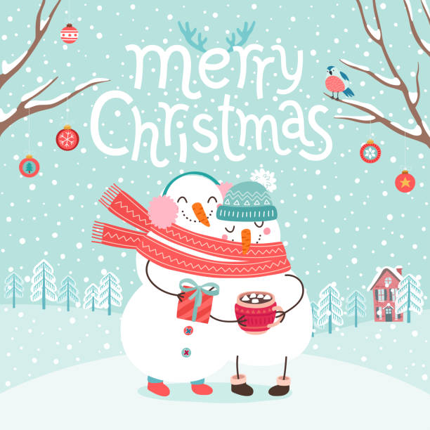 stockillustraties, clipart, cartoons en iconen met schattig sneeuwmannen paar knuffelen. merry christmas card. - happy couple cold