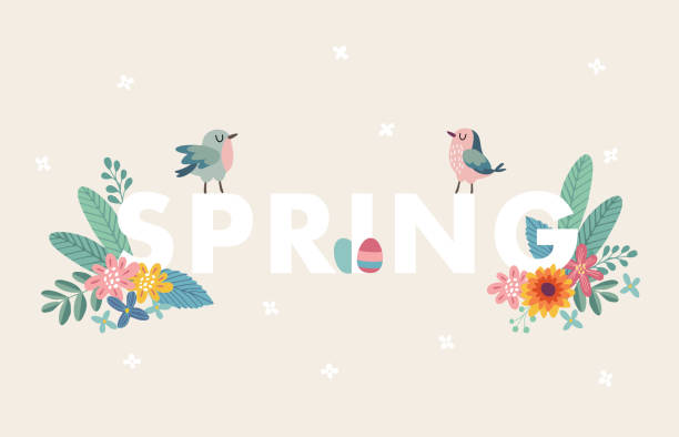 Cute spring web banner with birds, colorful Easter eggs, leaves and flowers. Easter greeting card, invitation. Vector illustration background, seasonal flat design. Cute spring web banner with birds, colorful Easter eggs, leaves and flowers. Easter greeting card, invitation. Vector illustration background, seasonal flat design. egg illustrations stock illustrations