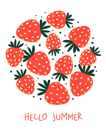 Cute strawberries round element isolated on white - cartoon objects for happy summer design