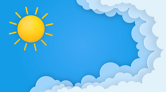 Cute summer banner with sun and paper clouds on blue sky background.