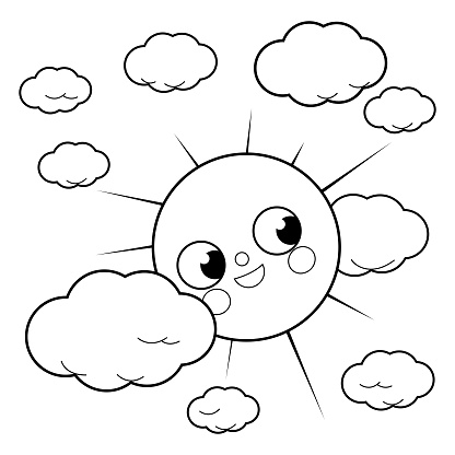 Cute sun and clouds. Vector black and white coloring page