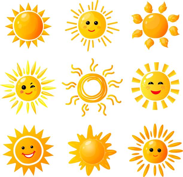 귀여운 태양입니다. 손으로 그려 햇빛. 여름 아침 일출입니다. 벡터 기쁨 아이콘 온난화 낙서 - 햇빛 이미지 stock illustrations