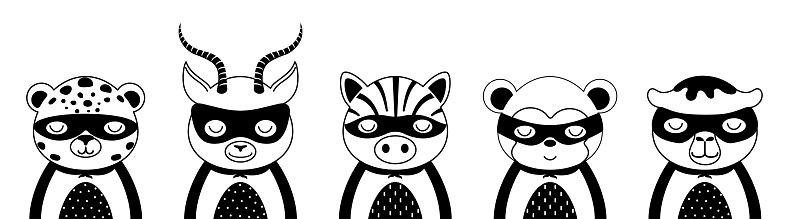 Cute super hero character animals. Desing for kids t-shirts, nursery decoration, greeting cards. Cute character in scandinavian style. Black and white set of jaguar, gazelle, zebra, monkey, camel.