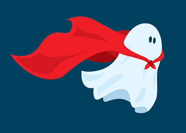 Cute super hero ghost flying with cape Cartoon illustration of funny super hero ghost flying with costume cape cape garment stock illustrations