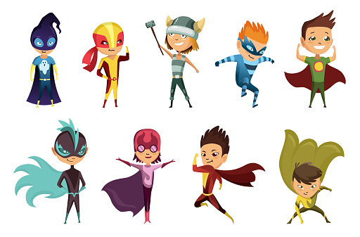 Cute superhero kids in colorful costumes. Kids Dressed as Superheroes. Funny Flat Isolated Vector Design Icons Set On White Background. Set of kids wearing superhero costumes with different pose.