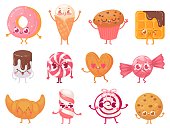 Cute sweets. Happy cupcake mascot, funny sweet candy character and smiled donut. Cookies, ice cream and croissant cartoon mascots vector illustration set. Collection of adorable desserts with faces.