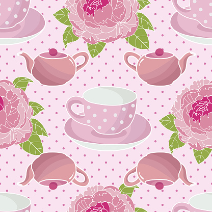 Cute tea and peony flower repeat pattern background design