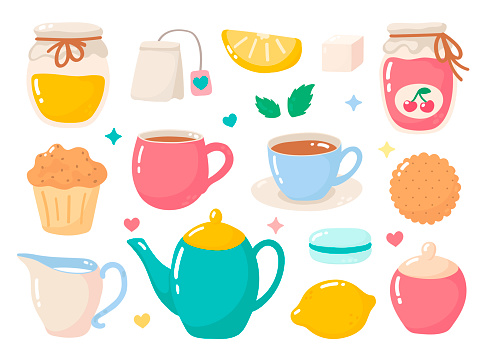 Cute tea set. vector illustration in cartoon style