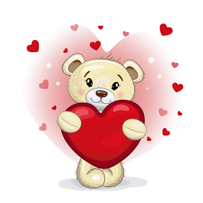 Cute teddy bear  with a red  hear in his paws. Teddy bear on a red background with hearts. Vector cartoon illustration for Valentine's day or birthday.
