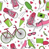 Cute teenager pattern with sneakers, birds, bike, camera, mobile telephone, headphones, icecream and drink. Green and brown palette