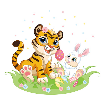 Cute tiger with Easter bunny vector illustration
