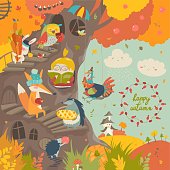 Cute treehouse with little girl and animals in autumn park. Vector illustration