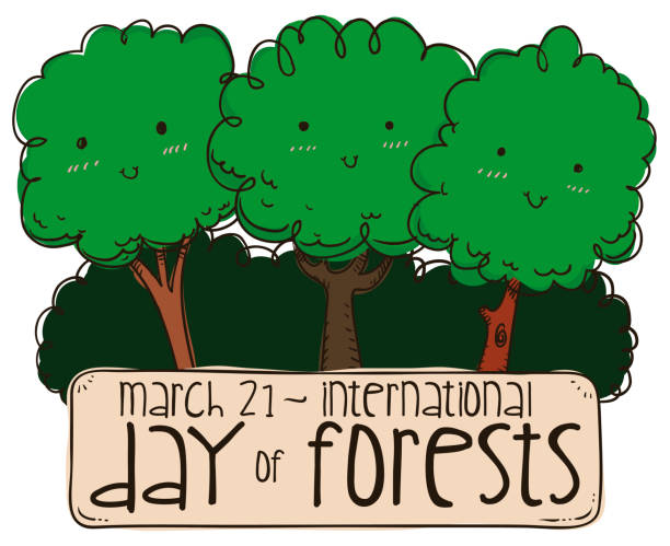 Cute Trees over Sign Celebrating International Day of Forests Cute tree friends in doodle style smiling at you, with tall bushes over sign promoting International Day of Forests in March 21. afforestation stock illustrations