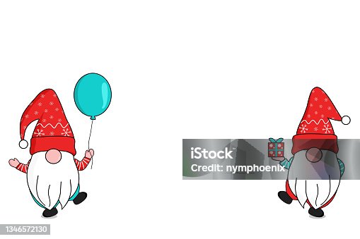 istock cute two happy gnomes in red snowflakes Santa clause hat standing on one foot holding gift box and floating balloon at the lower corner. greeting celebrate Christmas and New year. vector 1346572130