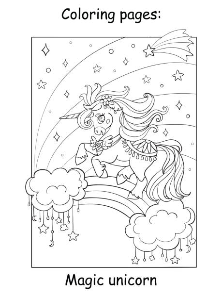 Cute unicorn flying in the night sky Cute unicorn running on rainbow in the night sky. Coloring book page. Vector cartoon illustration isolated on white background. For coloring book, preschool education, print and game. coloring book pages templates stock illustrations