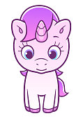 Front view of cute cartoon unicorn on the white background. Cute unicorn series.