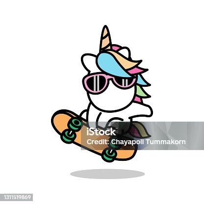 istock Cute unicorn playing skateboard cartoon, vector illustration 1311519869