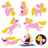 Cute unicorn vector cartoon characters set.