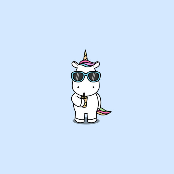 Cute unicorn with sunglasses drinking water, vector illustration  pony stock illustrations
