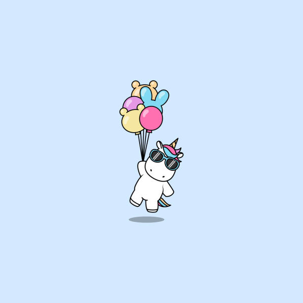 Cute unicorn with sunglasses holding balloons, vector illustration  pony stock illustrations