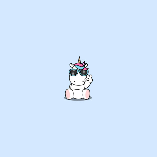 Cute unicorn with sunglasses sitting and doing victory sign, vector illustration  pony stock illustrations