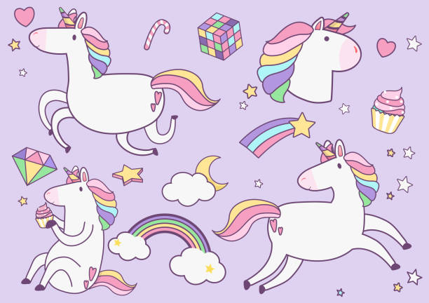 Cute unicorns with magic element stickers vector  pony stock illustrations