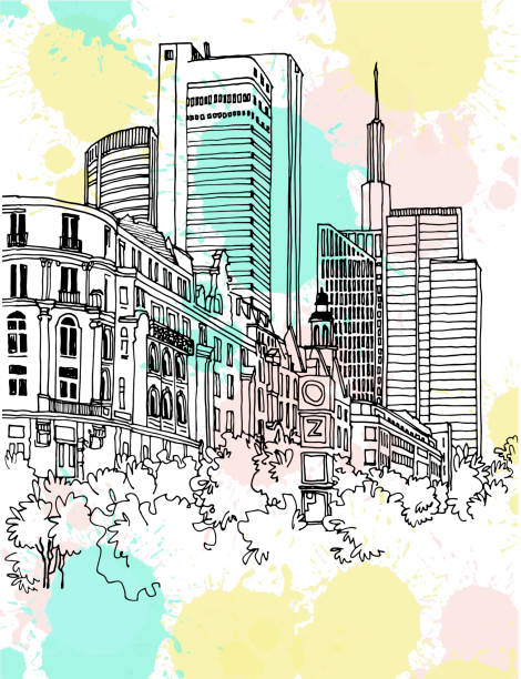 귀여운 도시 풍경 스케치 - frankfurt stock illustrations