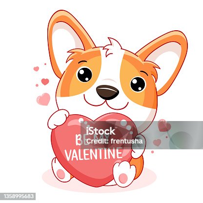 istock Cute Valentine card in kawaii style. Lovely little corgi puppy with red heart 1358995683