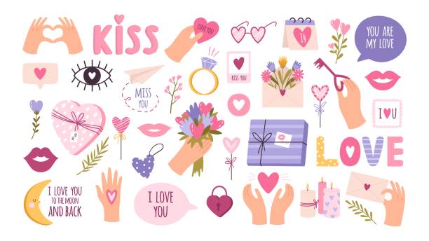 stockillustraties, clipart, cartoons en iconen met cute valentines day stickers for planner, love letter or diary. cartoon wedding journal decoration, hand and heart. romantic kiss vector set - diamant ring display