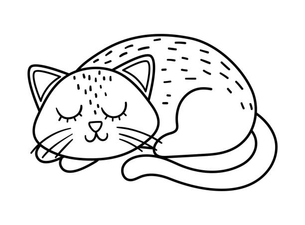 Cute vector black and white sleeping cat. Halloween character icon. Funny autumn all saints eve illustration with scary animal. Samhain party coloring page for kids. Cute vector black and white sleeping cat. Halloween character icon. Funny autumn all saints eve illustration with scary animal. Samhain party coloring page for kids. cute cat coloring pages stock illustrations