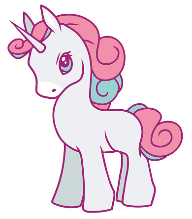 Cute vector drawing of a white cartoon unicorn with fluffy pink mane, suitable for children designs
