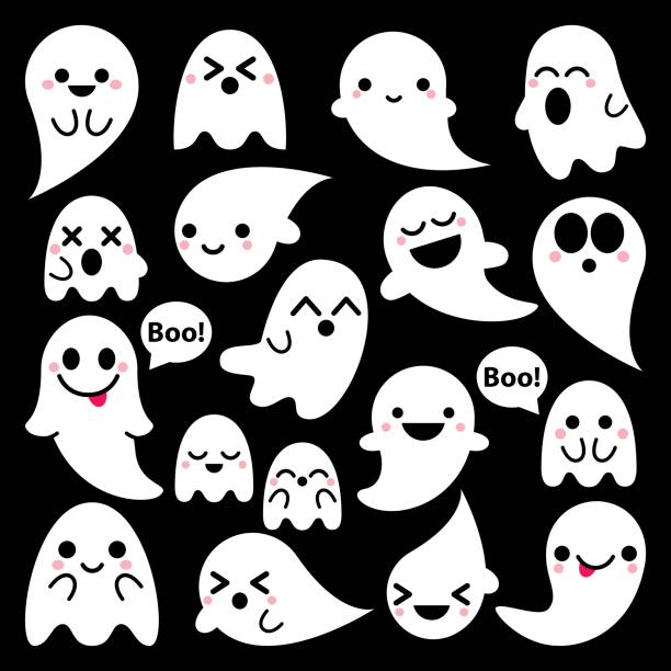 Cute vector ghosts icons on black background, Halloween design set, Kawaii ghost collection Cartoon ghost characters - happy, surprised, scary, smiling, Halloween decorations ghost stock illustrations