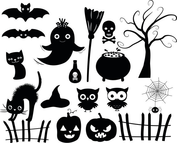 Cute vector Halloween silhouettes in black  ghost boy stock illustrations