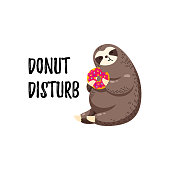 istock Cute vector illustration. Funny cartoon sloth eating a donut 1046687812