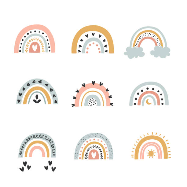 bildbanksillustrationer, clip art samt tecknat material och ikoner med cute vector illustration of boho rainbows set - cloud heart star, abstract