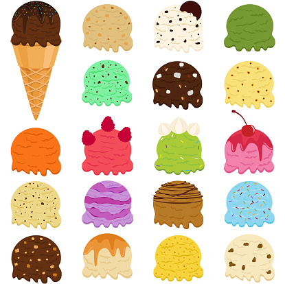 Cute Vector illustration set of ice cream scoop, many colorful flavors with toppings in wafer cone isolated on white background