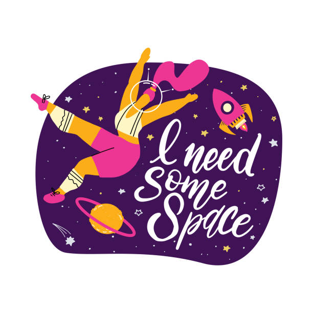 Cute vector illustration with sport woman astronaut. Girl in space with hand written quote - I need some space. Body positive concept. Print Template for design of T-shirt, postcard, banner Cute vector illustration with sport woman astronaut. Girl in space with hand written quote - I need some space. Body positive concept. Print Template for design of T-shirt, postcard, banner. big fat girl drawing stock illustrations