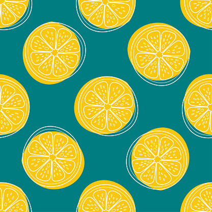 Cute Vector Lemon seamless pattern. Flat summer fresh fruit circle slice, lemons sliced print on green background. Lemonade repeat texture for wallpaper, textile, wrap, tropical fabric design