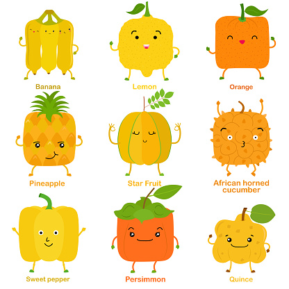 Cute vector of square shaped smiling fruit, vegetable with happy face in yellow color