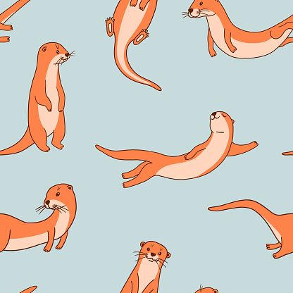 Cute Vector Otters Seamless Pattern .
