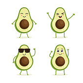 Cute vector set of avocado fruit character in different action emotion. Collection of avocado characters in different expressions, Funny fruit character isolated on white background