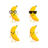 Cute vector set of banana fruit character in different action emotion. Collection of banana characters in different expressions, Funny fruit character isolated on white background