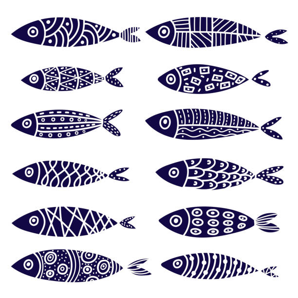 Cute vector set with sardine fish silhouettes. Cute illustration. stylized underwater nature set of icons stock illustrations