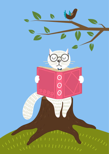 ilustrações de stock, clip art, desenhos animados e ícones de cute white cat reading book outdoor - book cat