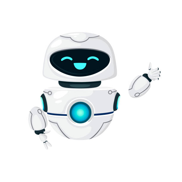 симпатичный белый современный левитирующий робот, размахивающий рукой и со счастливым лицом плоской векторной иллюстрации, изолированной - robot hand white background stock illustrations