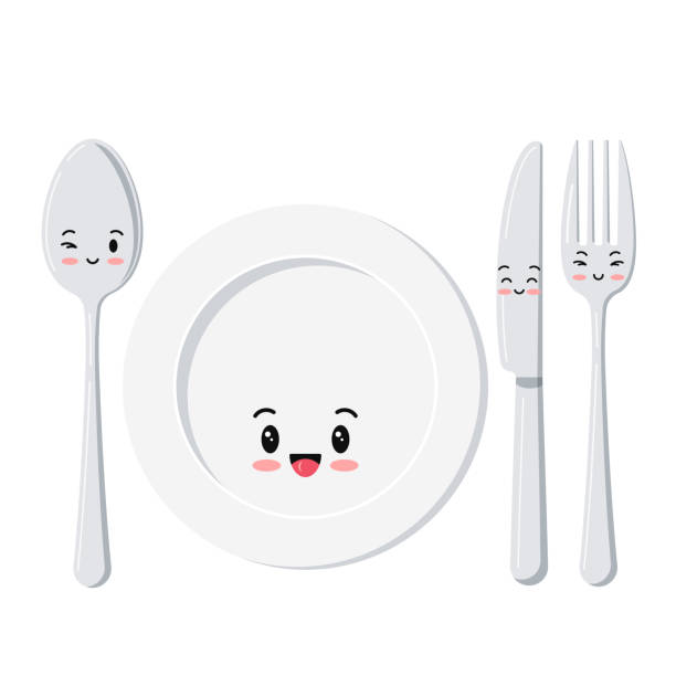Cute white plate with spoon, knife and fork emoji set isolated on a white background. Cute white plate with spoon, knife and fork emoji set isolated on a white background. Top view silver cutlery and ceramic serving plate emoticons. Vector flat design cartoon style illustration. metal clipart stock illustrations