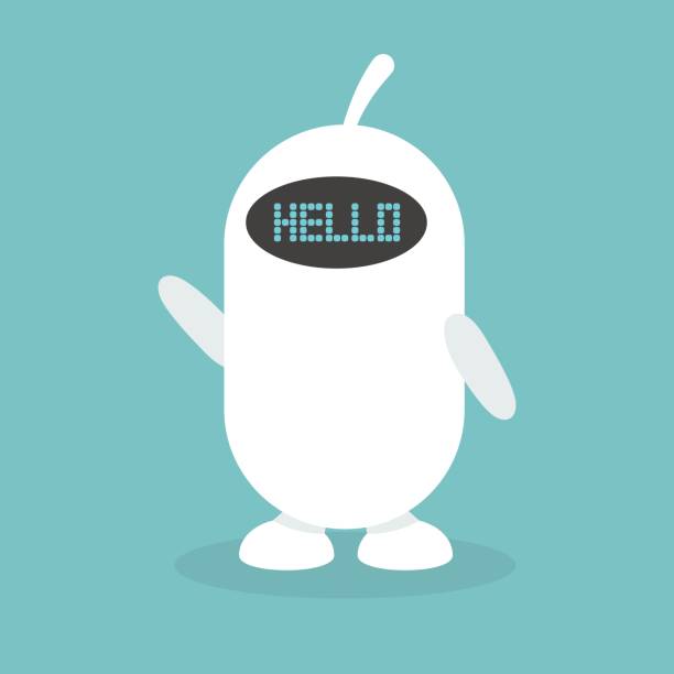 Cute white robot says "hello" / flat editable vector illustration, clip art Cute white robot says "hello" / flat editable vector illustration, clip art robot clipart stock illustrations