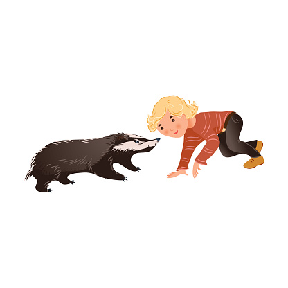 Cute wild forest badger is playing with blonde hair boy