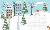 Cute Winter Houses 2017 Calendar Vector. Legal size horizontal design.