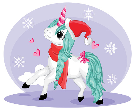 Cute winter magical unicorn with santa hat. Vector design isolated on white background.
